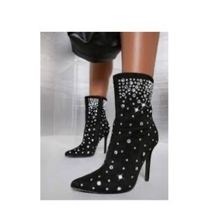 New Black Microsuede Rhinestone Pointed-Toe Stiletto Zipper High-Ankle Boots 41